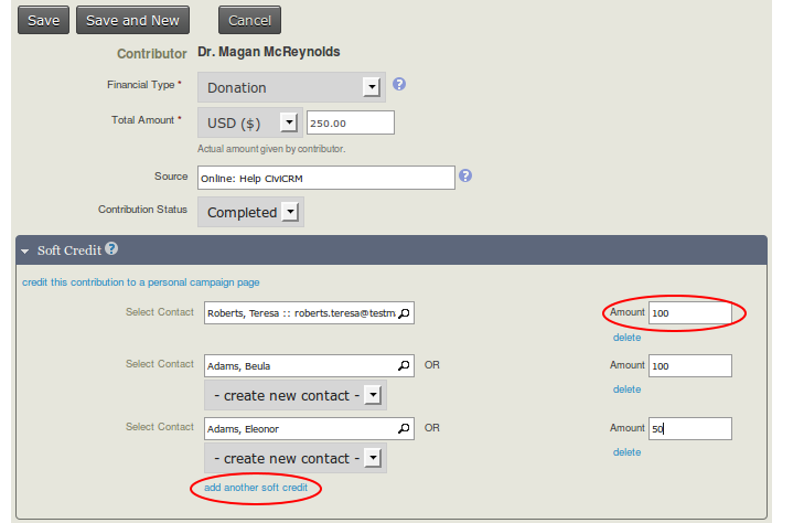 CiviCRM screenshot showing multiple soft credit entries
