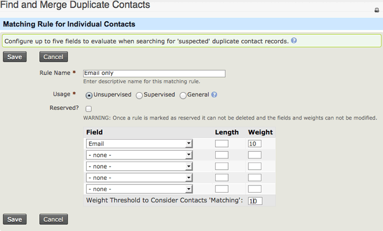Screenshot showing settings for an e-mail only rule, with field weight and threshold set to the same value