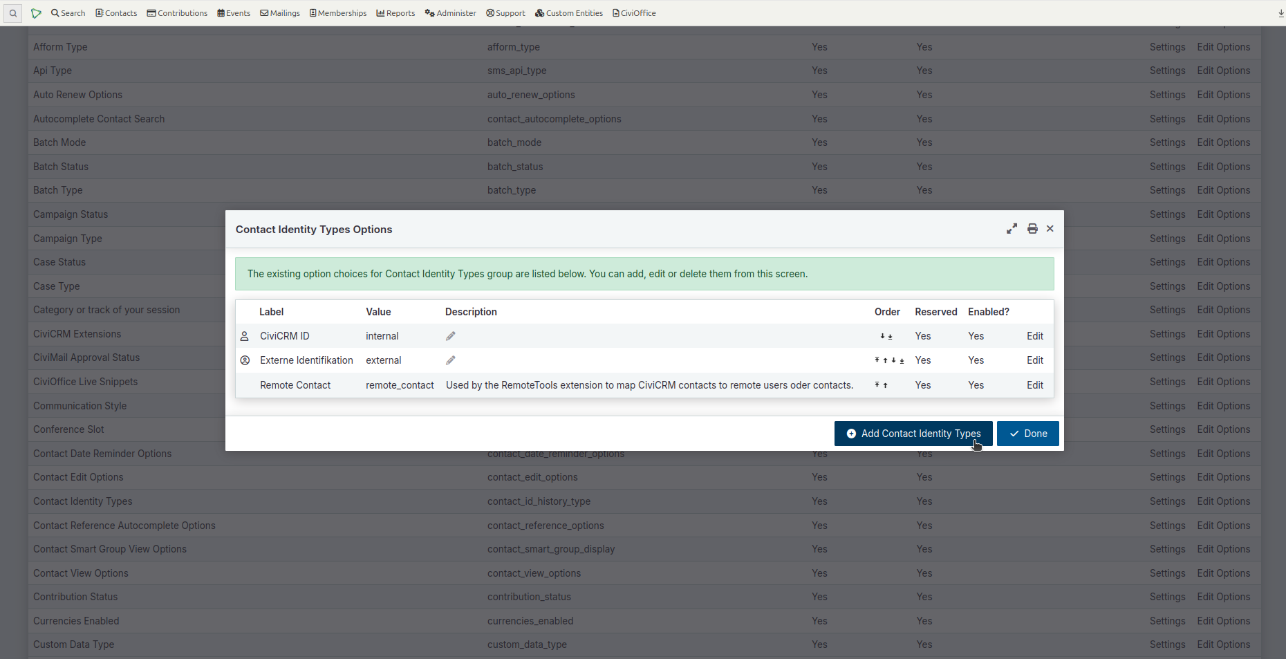 Screenshot of CiviCRM pop-up window to edit the option group for contact indenty types.