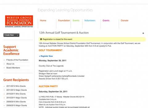 Webster Groves School District Foundation event registration functionality