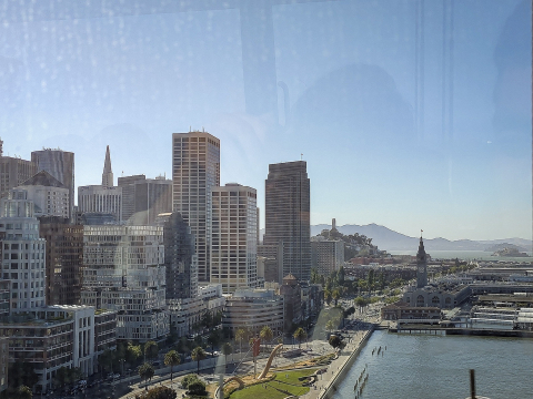San Francisco harbor and skyline as seen from Bay Bridge in the daytime