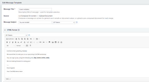 Screenshot of CiviCRM Message template interface with Smarty token that creates a unique link for the participant