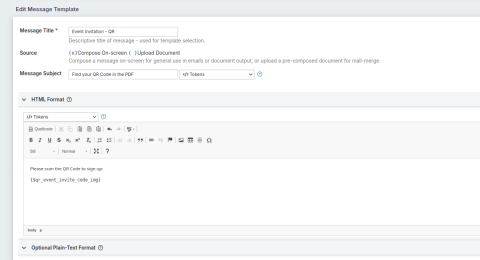 Screenshot of CiviCRM Message template interface with Smarty token that creates a unique link for the participant presented as an QR Code with fixed width