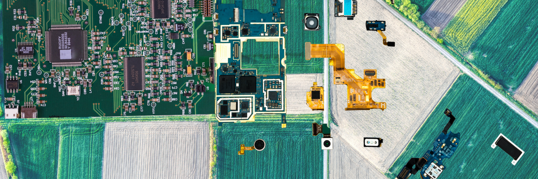 areal view of green fields overlayed with parts of electronic equipment